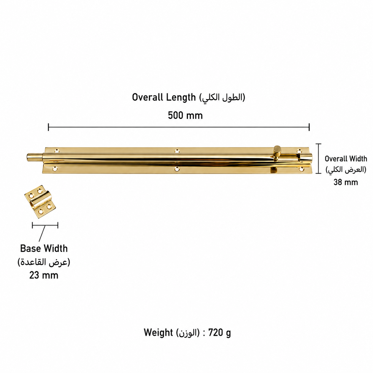 Bolts & Hinges T1302 in Solid brass for doors and furniture hardware, product number T1302, T1302 - Natural brass - 500mm