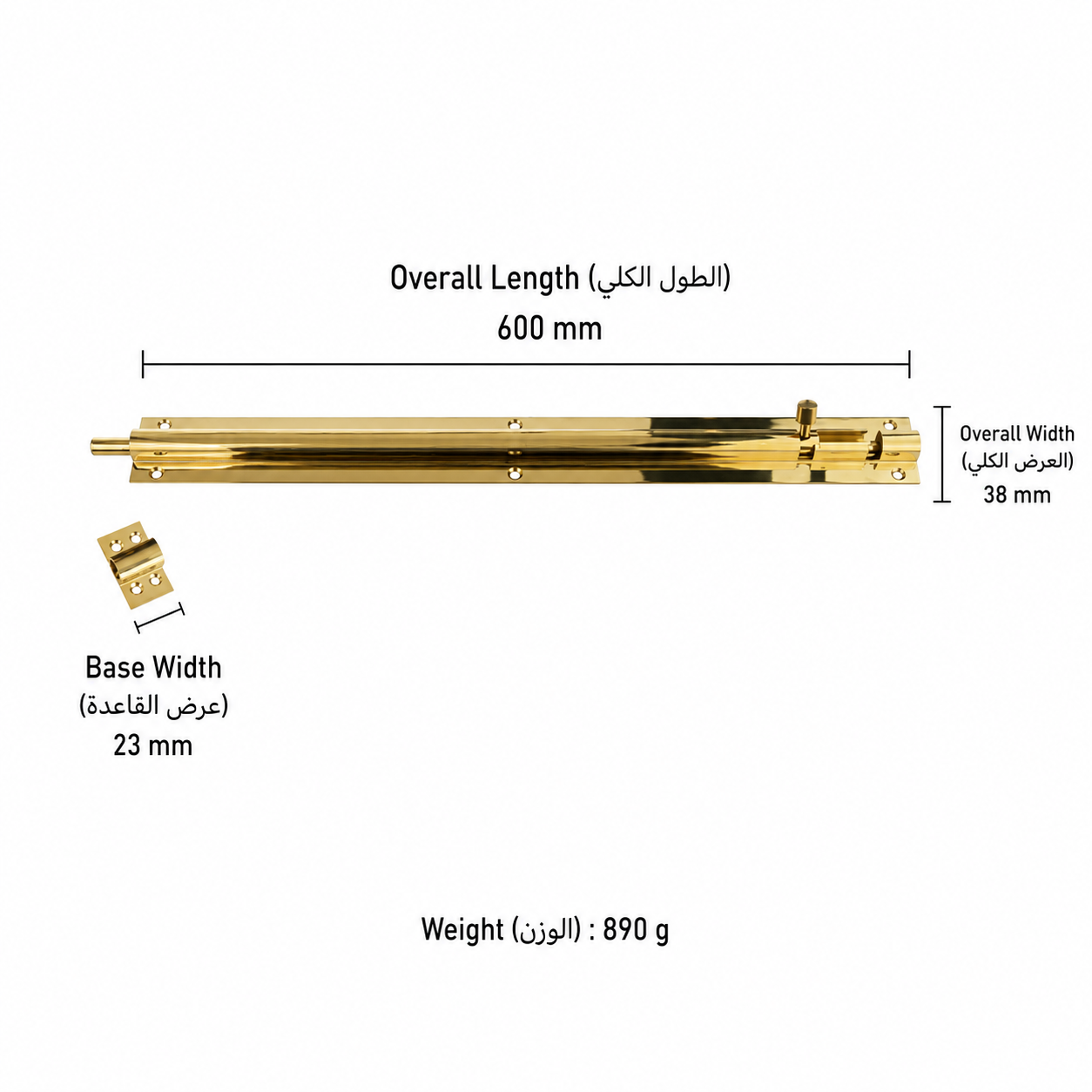 Bolts & Hinges T1302 in Solid brass for doors and furniture hardware, product number T1302, T1302 - Natural brass - 600mm