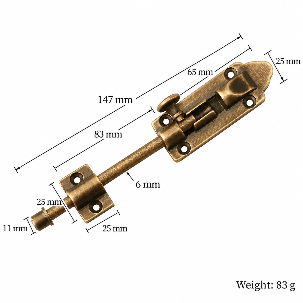 Bolts & Hinges T1309C in Solid brass for doors and furniture hardware, product number T1309C, T1309C - Antique bronze SKU variantStyle - 147mm