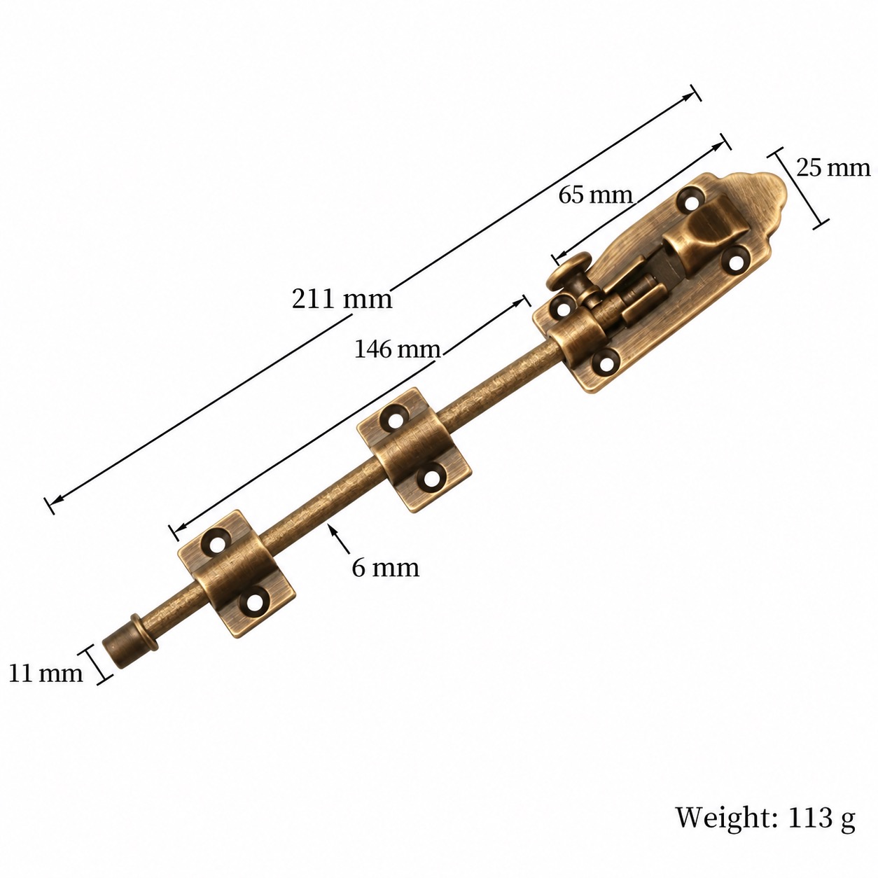 Bolts & Hinges T1309C in Solid brass for doors and furniture hardware, product number T1309C, T1309C - Antique bronze SKU variantStyle - 211mm