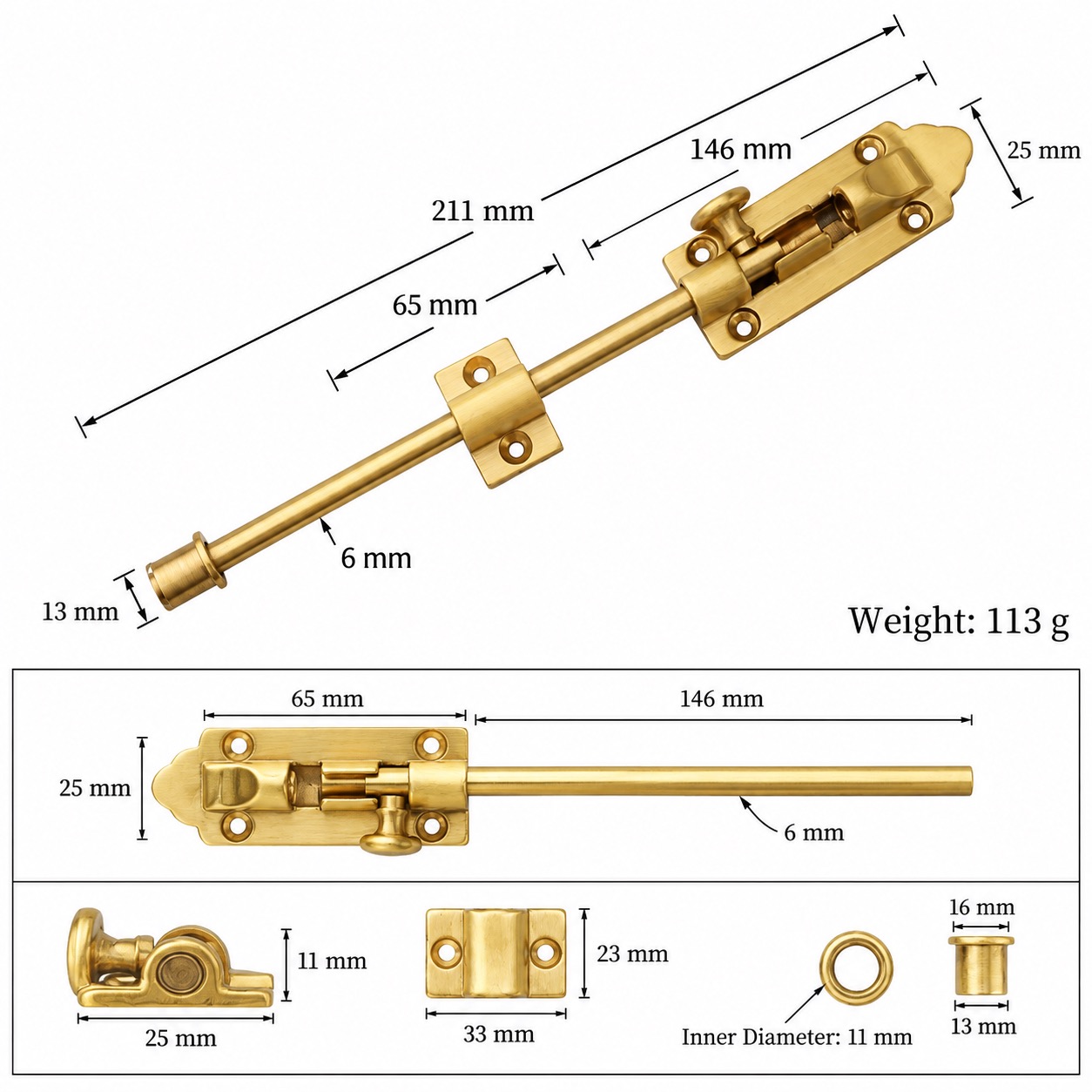 Bolts & Hinges T1309C in Solid brass for doors and furniture hardware, product number T1309C, T1309C - Matte SKU variantStyle - 211mm