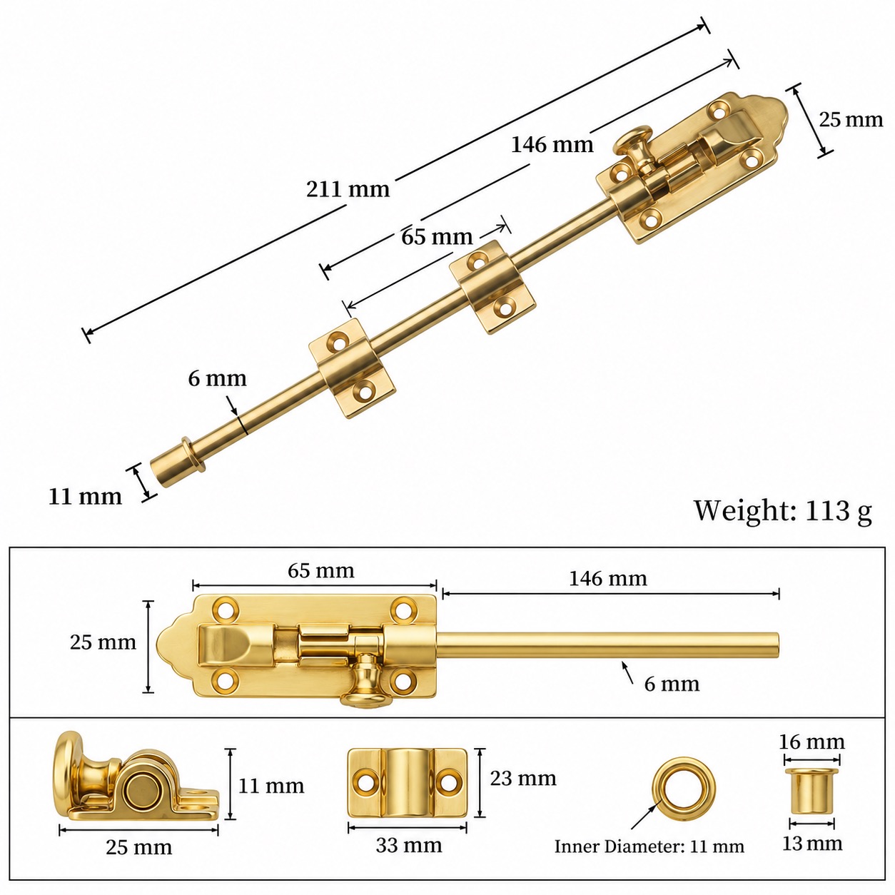 Bolts & Hinges T1309C in Solid brass for doors and furniture hardware, product number T1309C, T1309C - Brass SKU variantStyle - 211mm