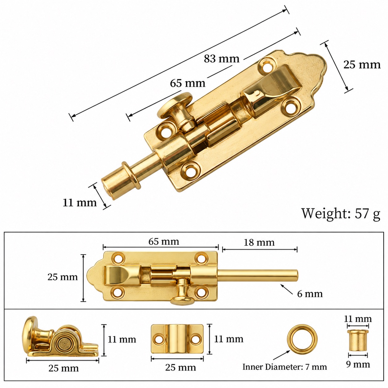 Bolts & Hinges T1309C in Solid brass for doors and furniture hardware, product number T1309C, T1309C - Brass SKU variantStyle - 83mm